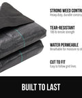 Heavy Duty Weed Barrier Fabric 4 Ft By 50 Ft Durable Woven Ground Cover shown with features like tear-resistant and water permeable.