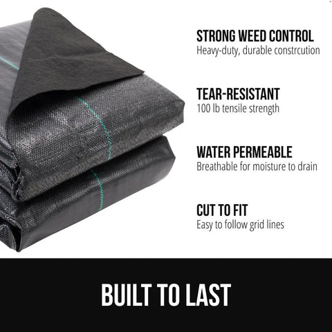 Heavy Duty Weed Barrier Fabric 4 Ft By 50 Ft Durable Woven Ground Cover shown with features like tear-resistant and water permeable.