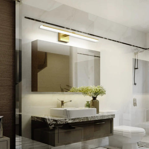 Gold 24 Inch Dimmable LED Vanity Light for Bathroom Over Mirror, shown installed above a bathroom mirror in a modern setting.