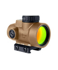 MRO SD 1x25 Green Dot Sight With Adjustable LED 2.0 MOA Green Dot Coyote Brown Anodized Low Mount, angled side view.