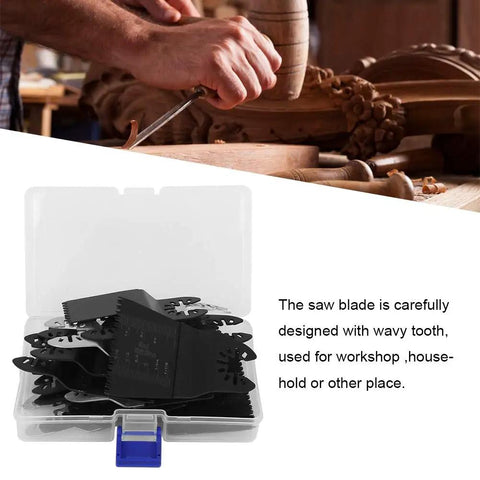 All Purpose Oscillating Tool Blade Kit, 20 Piece High Carbon Steel Set in case, shown with woodworking detail