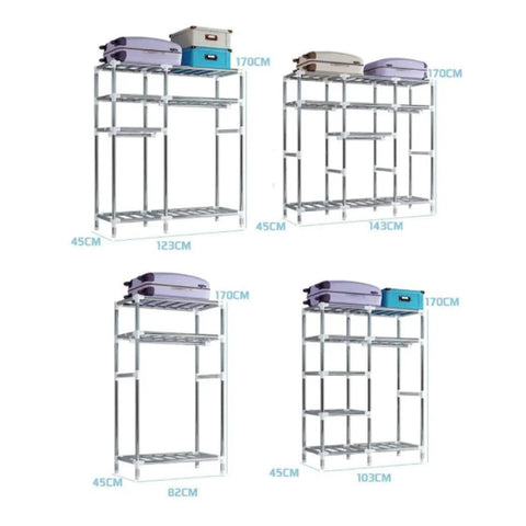 Hassle Free Portable Fabric Wardrobe With Sturdy Hanging Rods And Durable Side Pockets Spacious Closet Rack dimensions and storage options.