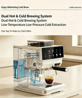 Straight Fire Smart Fully Automatic Espresso Machine Loaded With A Built In Conical Burr Grinder And Twenty Five Precision Settings For Brewing Hot And Cold Brew Coffee Right At Home Daily showing dual hot and cold brewing system with glass coffee cup.