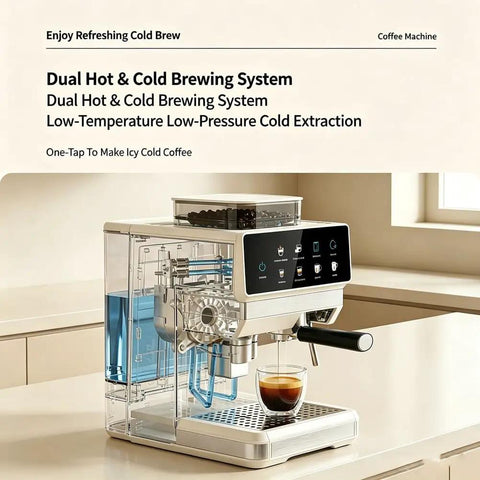 Straight Fire Smart Fully Automatic Espresso Machine Loaded With A Built In Conical Burr Grinder And Twenty Five Precision Settings For Brewing Hot And Cold Brew Coffee Right At Home Daily showing dual hot and cold brewing system with glass coffee cup.