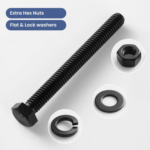 1/4-20 X 6 Inch Hex Head Bolts Kit With Nuts, Flat And Lock Washers, Fully Threaded Black Zinc Plated 304 Stainless Steel 18-8 Set