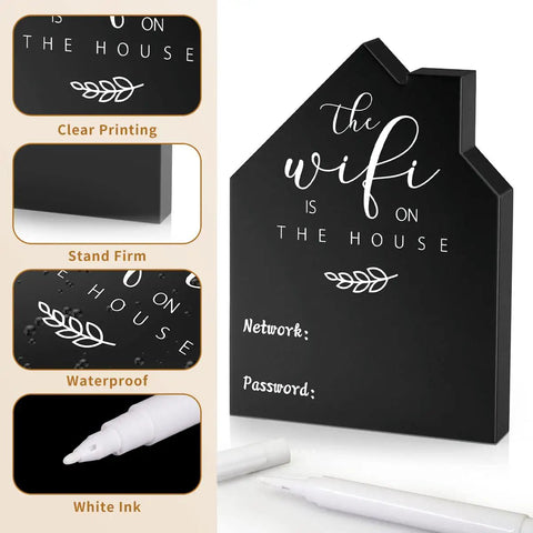 WiFi Password Sign For Home Wooden Tabletop Chalkboard Style House Shaped Sign with Erasable Pen, 5x3.74 inches, black