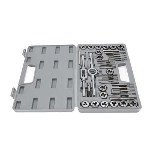 Brilluxa 40Pc Heavy Duty Tap And Die Set With M3 To M12 Alloy Steel Threading Tools For Cutting UNC UNF NPT Threads On Bolts Screws And Fasteners Repairing Damaged Metal Parts Like A Boss In Your Garage Or Professional Shop. open case with tap and die set, M3-M12 alloy steel