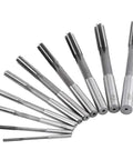 10-piece set of HSS H7 reamers with fluted tips and cylindrical shanks for precise bore sizing.