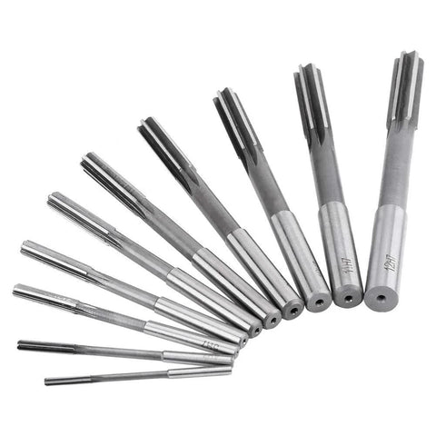 10-piece set of HSS H7 reamers with fluted tips and cylindrical shanks for precise bore sizing.