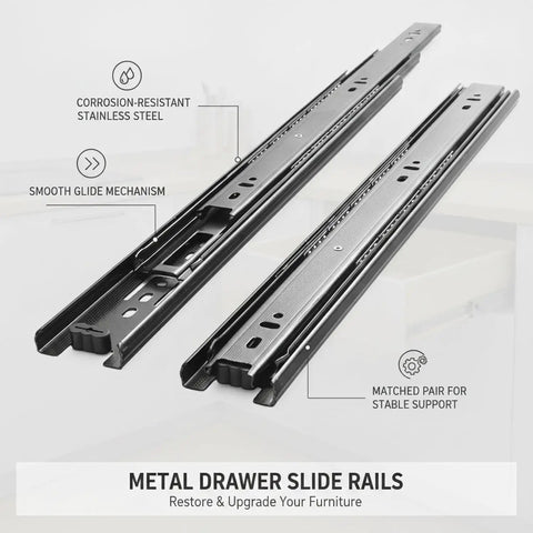 Stainless Steel Drawer Slides Pair With Black Finish, shown with smooth glide mechanism on light surface.