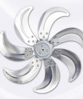 Heavy Duty 18 Inch Floor Fan Featuring Mist Spray Cooling Plus Rolling Casters For Kickin Heat Relief Indoors Anywhere High Velocity Water Cooled Airflow Workhorse close-up of aluminum fan blades.