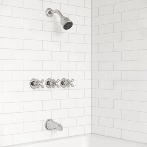 Three-Handle Tub And Shower Faucet Set With Metal Cross Handles, Polished Chrome Finish, 1.8 GPM, 5-Hole Installation shown in bathroom