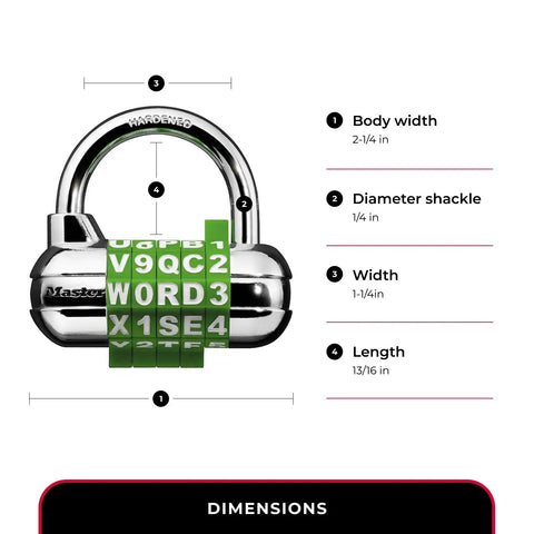 Locker Padlock With Set Your Own Five Character Code For School And Gym Lockers No Key Needed Easy To Use Combination Padlock In Assorted Colors Durable Metal Build For Reliable Security in green with dimensions labeled