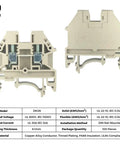 DK4N DIN Rail Terminal Block Screw Type UL 600V 30A 10-22AWG Pack Of 100, front and rear view