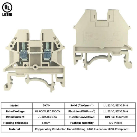 DK4N DIN Rail Terminal Block Screw Type UL 600V 30A 10-22AWG Pack Of 100, front and rear view