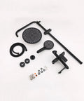 Exposed Shower System with Tub Spout 180° Rotating White, black shower head, handheld sprayer, and mounting accessories.