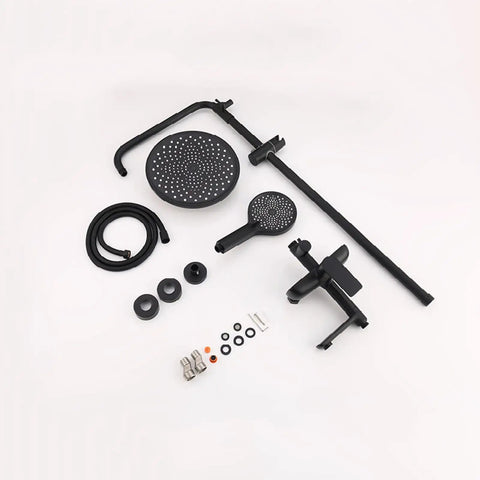 Exposed Shower System with Tub Spout 180° Rotating White, black shower head, handheld sprayer, and mounting accessories.