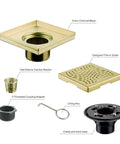 Brushed Gold Square Shower Drain With Flange 4x4 Inch Stainless Steel 304 Drain With Brass Gold Finish Removable Hair Strainer