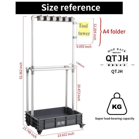 Cleaning Tool Tower On Wheels With Mop Holder, Umbrella Stand, Drip Tray And Tool Storage Rack, 5S Shadow Board size reference