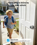 No Sweat Fingerprint Smart Door Knob Lock With Nifty Keypad And Phone App Control For Quick Everyday Access And Locked Down Home Security In Fresh Bright Silver Finish on an open door, with a boy running inside.