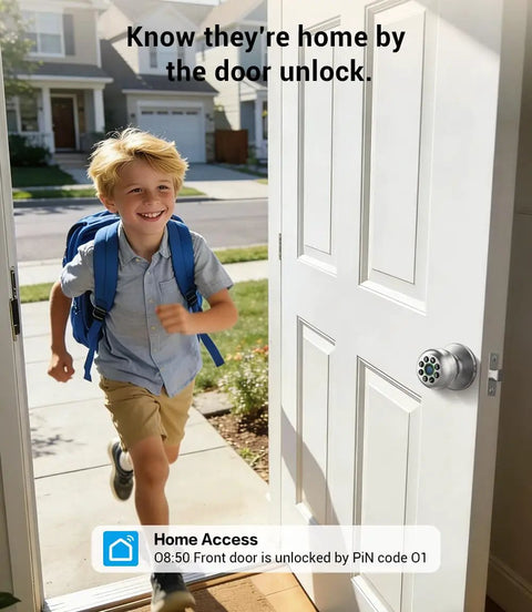 No Sweat Fingerprint Smart Door Knob Lock With Nifty Keypad And Phone App Control For Quick Everyday Access And Locked Down Home Security In Fresh Bright Silver Finish on an open door, with a boy running inside.