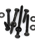 Heavy Duty Stainless Steel Lag Screws With Flat Washers 12 Pack One Quarter Inch By Four Inch Black Hex Head Wood Screws 304 Stainless 18 8 Corrosion Resistant With Black Oxide Coating For Decks Fences And Outdoor Projects scattered on white background.