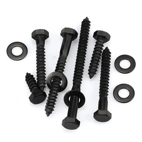 Heavy Duty Stainless Steel Lag Screws With Flat Washers 12 Pack One Quarter Inch By Four Inch Black Hex Head Wood Screws 304 Stainless 18 8 Corrosion Resistant With Black Oxide Coating For Decks Fences And Outdoor Projects scattered on white background.