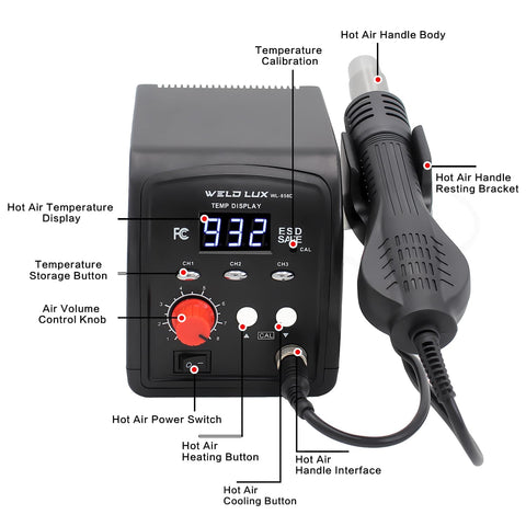 Hot Air Rework Station For Electronics Repair With Fast Heat Up, 3 Memory Presets, Sleep Mode, Airflow Efficiency, Fahrenheit And Celsius Display, Anti Static Design, Precise Temperature Range 212F To 932F with control knobs and handle