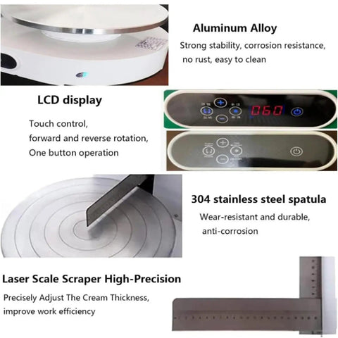 Smooth As Butter Automatic Cake Icing Smoother And No Fuss Cream Spreading Machine With Adjustable Stainless Steel Blades features aluminum alloy base and LCD display.