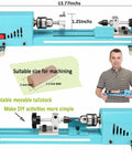 Blue tabletop wood lathe kit for DIY woodturning all-in-one multi-purpose with dimensions and tailstock adjustment.
