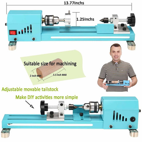Blue tabletop wood lathe kit for DIY woodturning all-in-one multi-purpose with dimensions and tailstock adjustment.