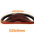 Get This Awesome 10 Pack Sanding Belts Set For Your Belt Sander Machine With 533 By 9mm Size Including All Grits From 40 To 1000 For Smoothing Wood Metal Or Plastic Like A Pro Today. Display of 533x9mm sanding belts stacked.