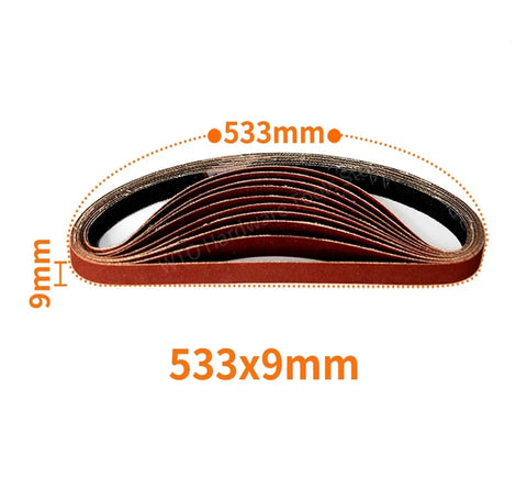 Get This Awesome 10 Pack Sanding Belts Set For Your Belt Sander Machine With 533 By 9mm Size Including All Grits From 40 To 1000 For Smoothing Wood Metal Or Plastic Like A Pro Today. Display of 533x9mm sanding belts stacked.