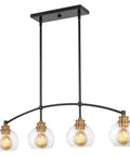 Industrial Farmhouse Island Light With Clear Glass Globe Shades 34 Inch Four Light Modern Linear Pendant Fixture, brass accents
