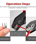 No Sweat Ratcheting Wire Crimping Tool With Auto Release Handle And Chrome Moly Jaws for open barrel terminals in operation steps.