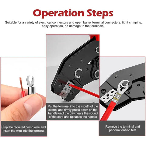 No Sweat Ratcheting Wire Crimping Tool With Auto Release Handle And Chrome Moly Jaws for open barrel terminals in operation steps.