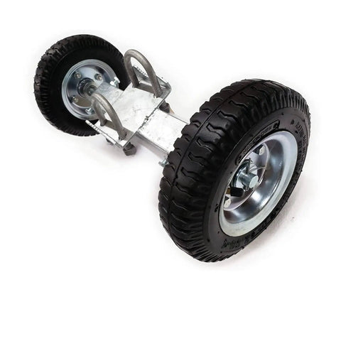 Heavy Duty Sliding Gate Hardware Kit With Dual Wheel Carriers And 8 Inch Pneumatic Wheels for DIY Fences shown close-up