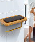 Straight Up Solid Wooden Bathroom Cell Phone Holder With Wall Mount Toilet Paper Stand And Premium Tissue Roll Dispenser in a modern bathroom.