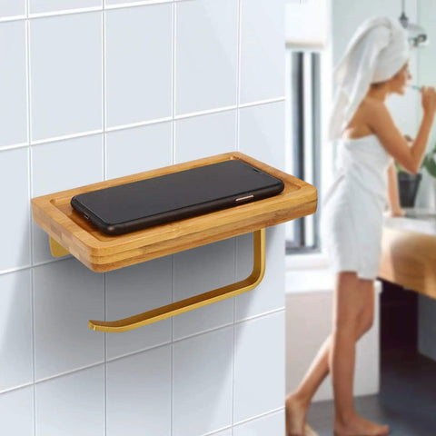 Straight Up Solid Wooden Bathroom Cell Phone Holder With Wall Mount Toilet Paper Stand And Premium Tissue Roll Dispenser in a modern bathroom.