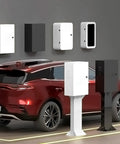 Heavy Duty EV Charger Cover Wall Mounted Rainproof Galvanized Steel Shield Hella Tough For Indoors Outdoors Plug N Play Ready With Complete Mount Kit next to a red electric vehicle.