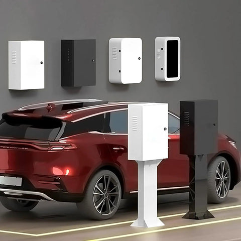 Heavy Duty EV Charger Cover Wall Mounted Rainproof Galvanized Steel Shield Hella Tough For Indoors Outdoors Plug N Play Ready With Complete Mount Kit next to a red electric vehicle.