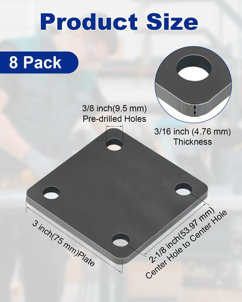 Diagram of 8 Pack A36 Steel Plates 3x3x3/16 Inch showing dimensions and 4 pre-drilled holes for structure support.