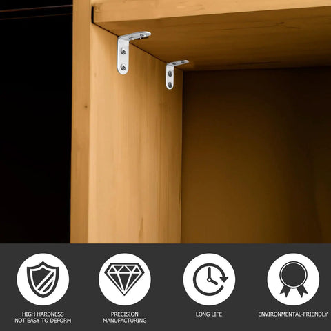 Heavy Duty Iron Angle Brackets 40x40mm Corner Braces with Screws installed on wooden shelf corner, rust-proof metal supports visible