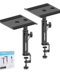 Set Of Two Dope Desktop Monitor Stands With Wall Mount Option Clamp Speaker Stands For Studio Monitors Space Saving Desktop Or Wall Install Adjustable Tubes For Stable Fit displayed near packaging