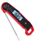 Digital Meat Thermometer For Cooking With Instant Read In Under One Second And Nine Tenths Fahrenheit Accuracy With Thermocouple Sensor IP67 Waterproof No Fuss Auto Rotating Display Auto Wake Up Red shown with probe extended.