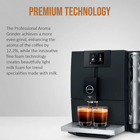 Straight Fire Automatic Espresso Coffee Maker Bundle With A Clean Matte Black Frame Smooth Operator Bean To Cup Brewing with cappuccino glasses.