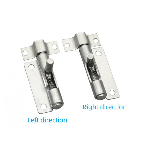 Hella Durable 304 Stainless Steel Spring Loaded Latches For Cabinet Doors With Telescopic Gun Hinge Hardware shown from front in left and right directions.