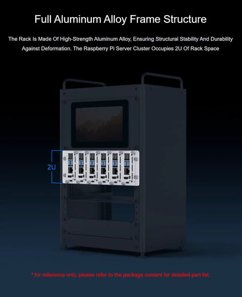 Kickass 2U Rack Mount Enclosure For Raspberry Pi 4 And Pi 5 Server Clusters featuring full aluminum alloy frame in 2U space.