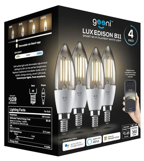 B11 Filament WiFi LED Smart Bulb Dimmable E12 Base White Light Works With Alexa And Google Home No Hub Required 4 Pack
