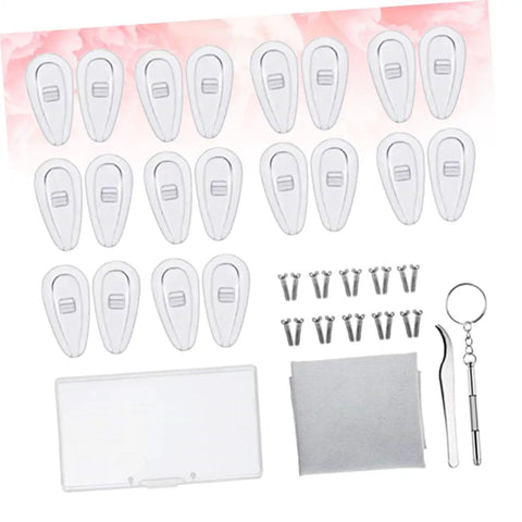 Do It Yourself Eyewear Repair Kit With 15mm Silicone Nose Pads Stainless Steel Screws Replacement Parts Lens Cloth And Sturdy Plastic Storage Case For Quick At Home Glasses Repairs